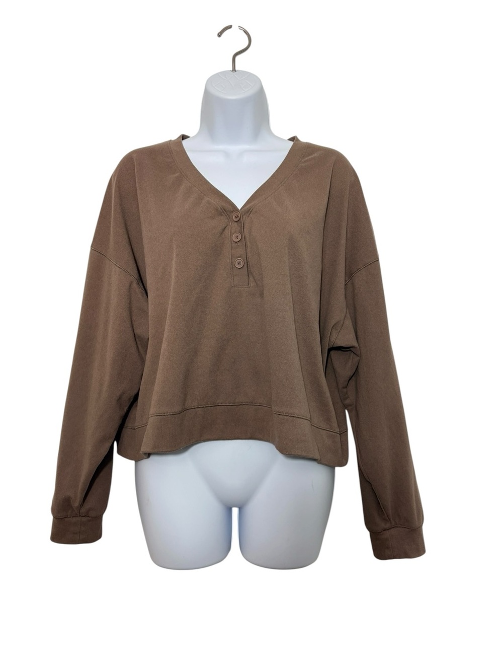 Velocity Fleece Rib Cloud Canopy Brown Henley Lounge Wear Cozy Sweatshirt SzL